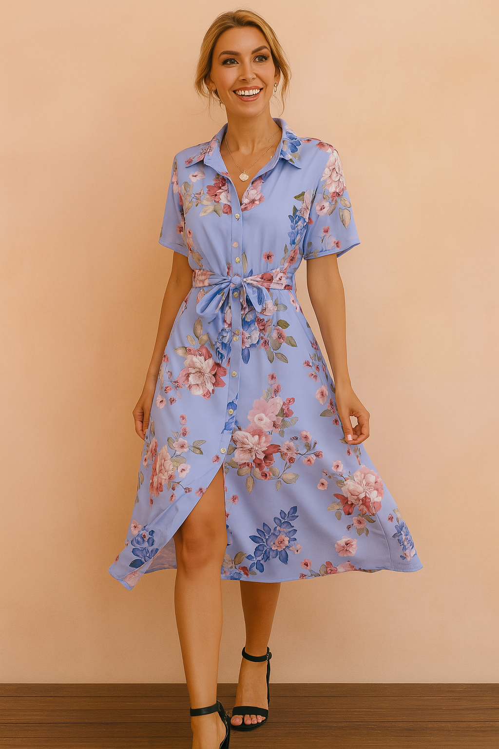 Rosa| Midi Shirt Dress with Belt and Slit 1