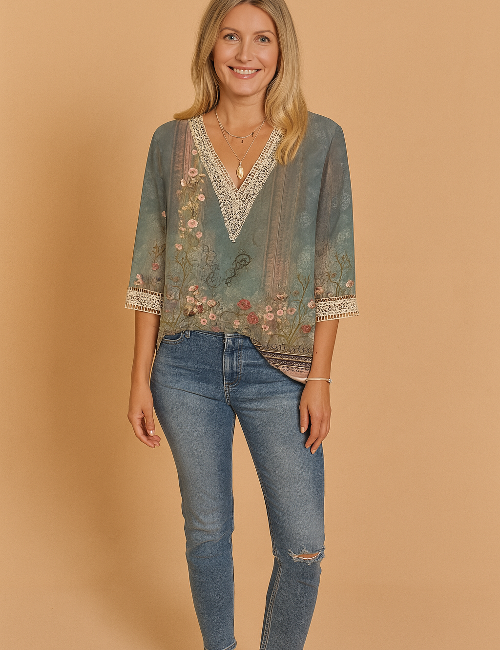 Sorella | Romantic blouse with a subtle pattern and lace trim 2