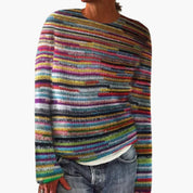 Stylish Women's Striped Knit Sweater with Round Neckline for Cool Weather 0