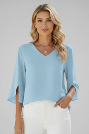 Stylish Women's V Neck Blouse with Short Sleeves and Pocket Detail 5