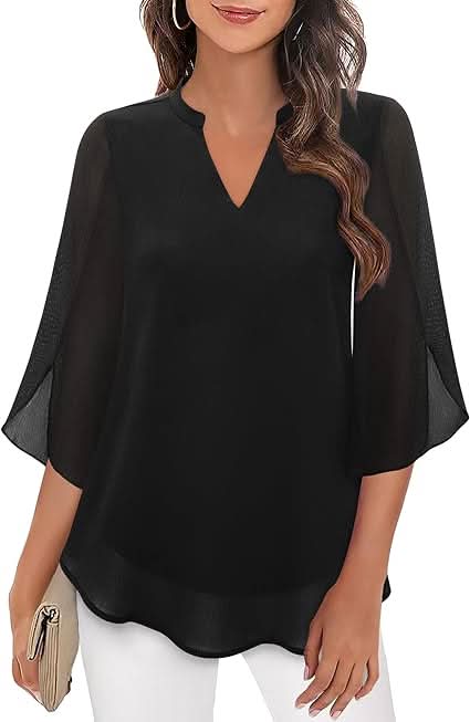 White Layered Blouse for Women, Elegant Summer Top with V-Neck and 3/4 Sleeves, Chic and Flattering Fit for Casual or Formal Wear 0