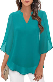 White Layered Blouse for Women, Elegant Summer Top with V-Neck and 3/4 Sleeves, Chic and Flattering Fit for Casual or Formal Wear 8