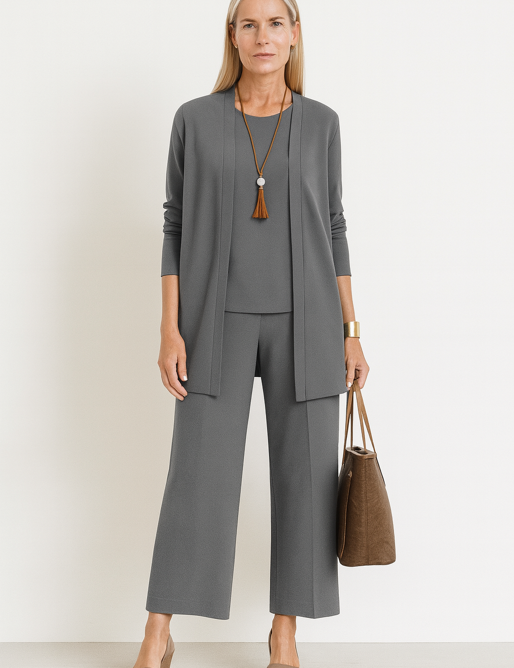Women's 3-Piece Cardigan Set with Wide Leg Trousers for Versatile Styling 0