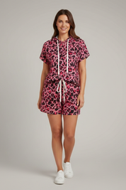 Women’s Animal Print Two-Piece Set with Hooded Top and Elastic Waist Shorts 0