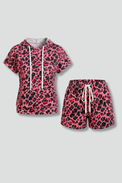Women’s Animal Print Two-Piece Set with Hooded Top and Elastic Waist Shorts 1