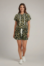 Women’s Animal Print Two-Piece Set with Hooded Top and Elastic Waist Shorts 6