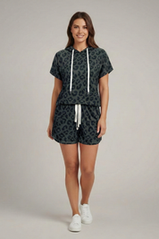 Women’s Animal Print Two-Piece Set with Hooded Top and Elastic Waist Shorts 7