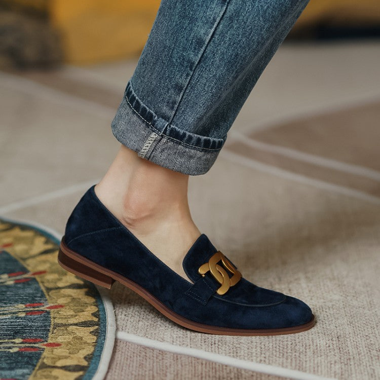 Women's Arch Support Slip-On Loafers with Gold Chain Trim and Square Toe 0