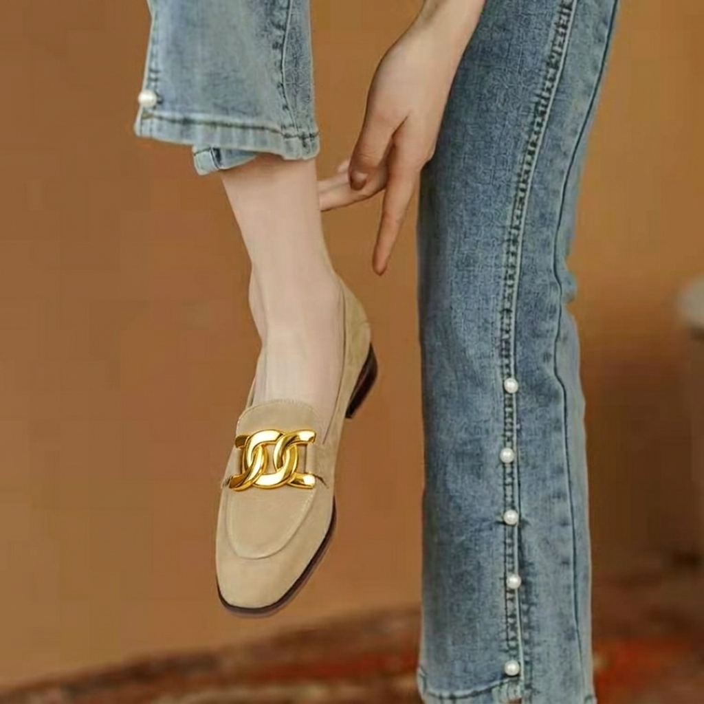 Women's Arch Support Slip-On Loafers with Gold Chain Trim and Square Toe 4