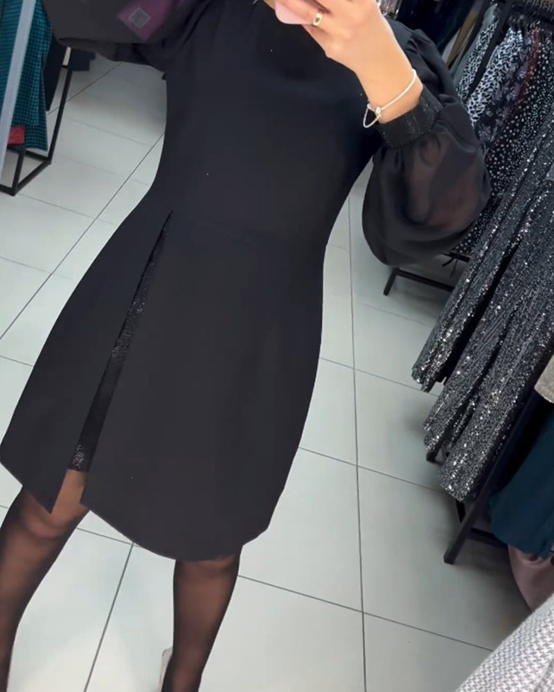 Women's Black Cocktail Dress with Sheer Balloon Sleeves and Front Split for Elegant Evening Occasions 1