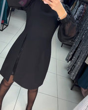 Women's Black Cocktail Dress with Sheer Balloon Sleeves and Front Split for Elegant Evening Occasions 1
