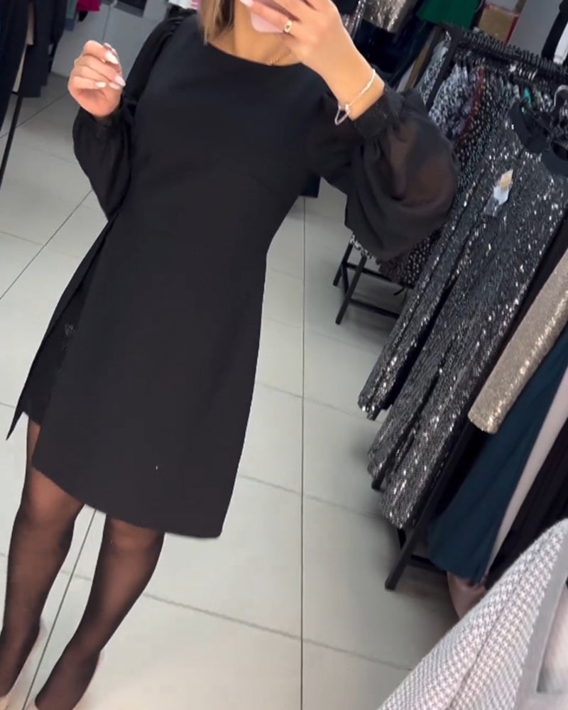 Women's Black Cocktail Dress with Sheer Balloon Sleeves and Front Split for Elegant Evening Occasions 2