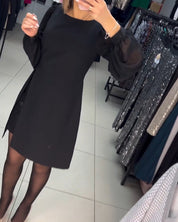 Women's Black Cocktail Dress with Sheer Balloon Sleeves and Front Split for Elegant Evening Occasions 2