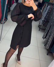 Women's Black Cocktail Dress with Sheer Balloon Sleeves and Front Split for Elegant Evening Occasions 3