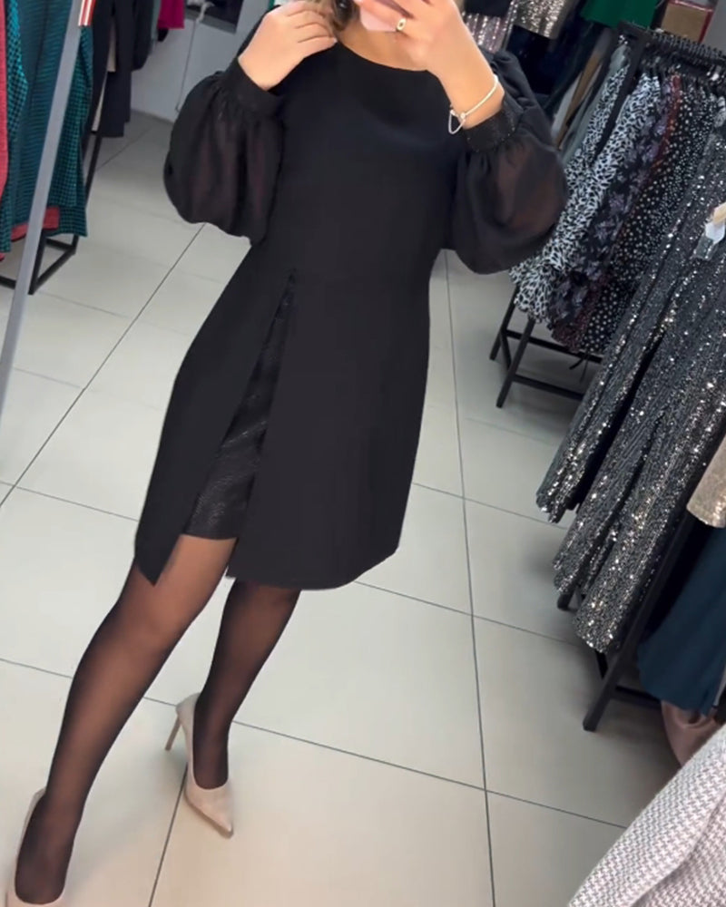 Women's Black Cocktail Dress with Sheer Balloon Sleeves and Front Split for Elegant Evening Occasions 4