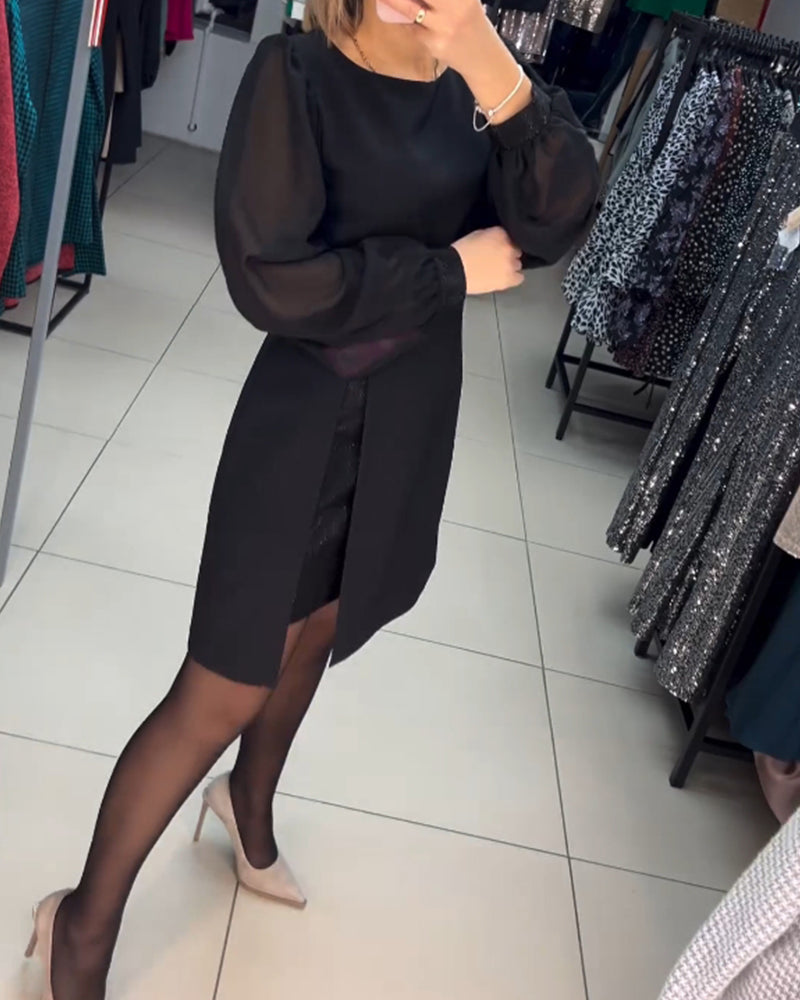 Women's Black Cocktail Dress with Sheer Balloon Sleeves and Front Split for Elegant Evening Occasions 5