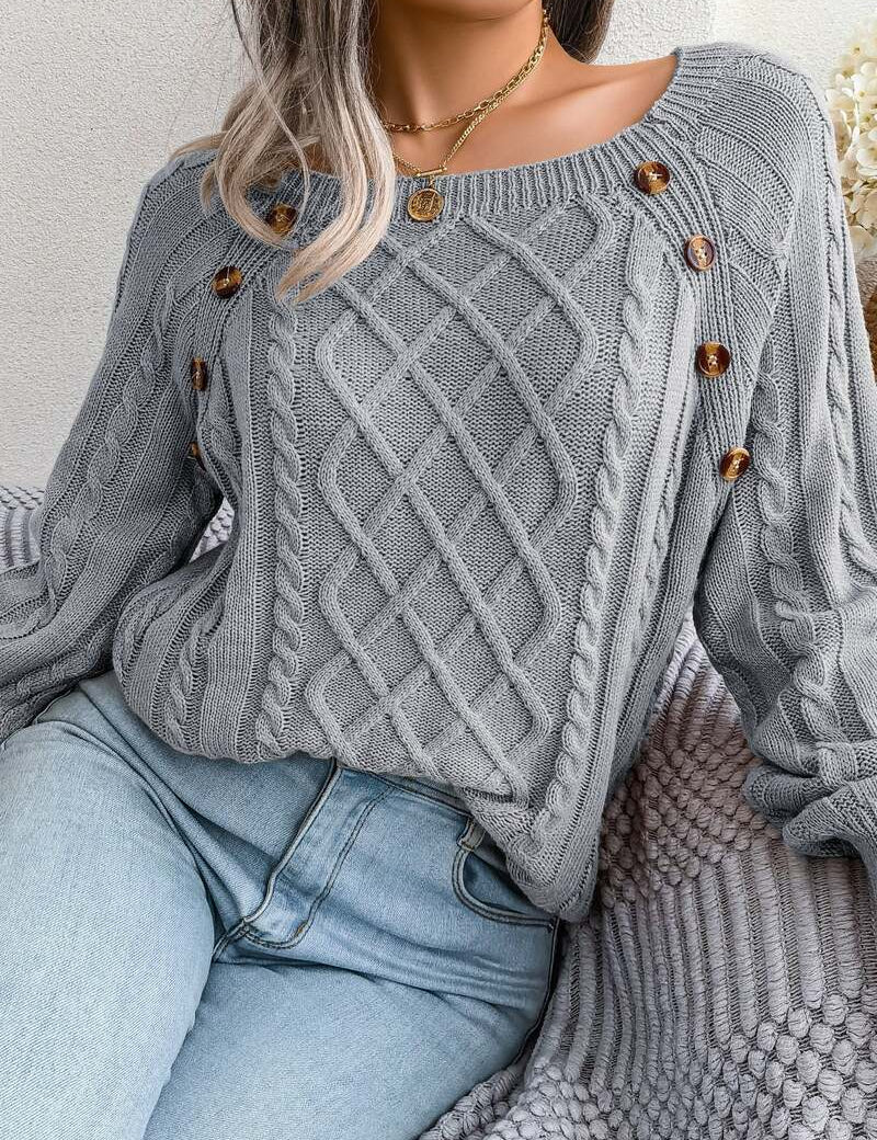 Women's Cable Knit Sweater with Square Neck and Button Detail, Elegant Textured Knit for Casual and Office Wear 0