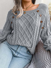 Women's Cable Knit Sweater with Square Neck and Button Detail, Elegant Textured Knit for Casual and Office Wear 0