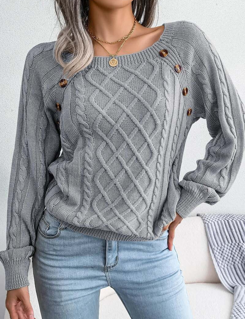 Women's Cable Knit Sweater with Square Neck and Button Detail, Elegant Textured Knit for Casual and Office Wear 1