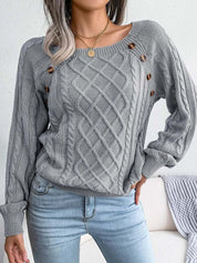Women's Cable Knit Sweater with Square Neck and Button Detail, Elegant Textured Knit for Casual and Office Wear 1