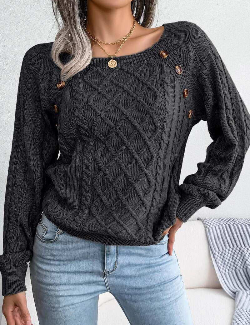 Women's Cable Knit Sweater with Square Neck and Button Detail, Elegant Textured Knit for Casual and Office Wear 2