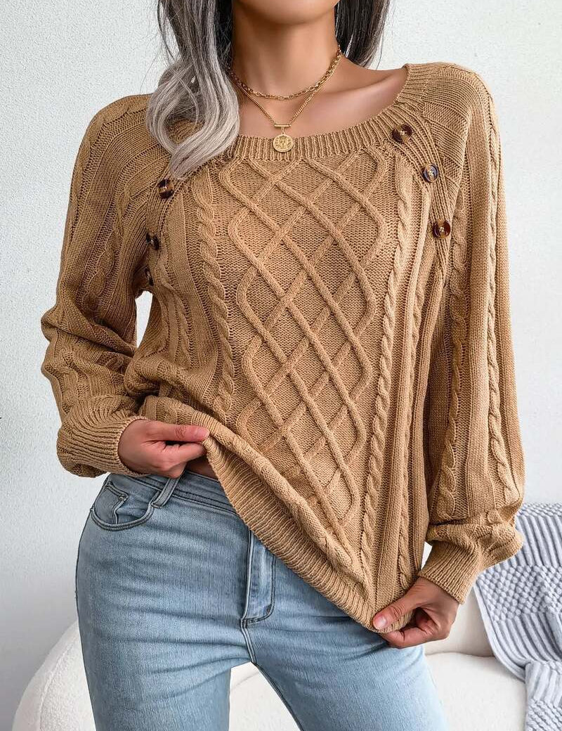 Women's Cable Knit Sweater with Square Neck and Button Detail, Elegant Textured Knit for Casual and Office Wear 3