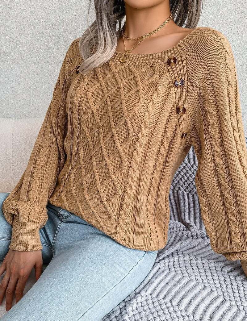 Women's Cable Knit Sweater with Square Neck and Button Detail, Elegant Textured Knit for Casual and Office Wear 4