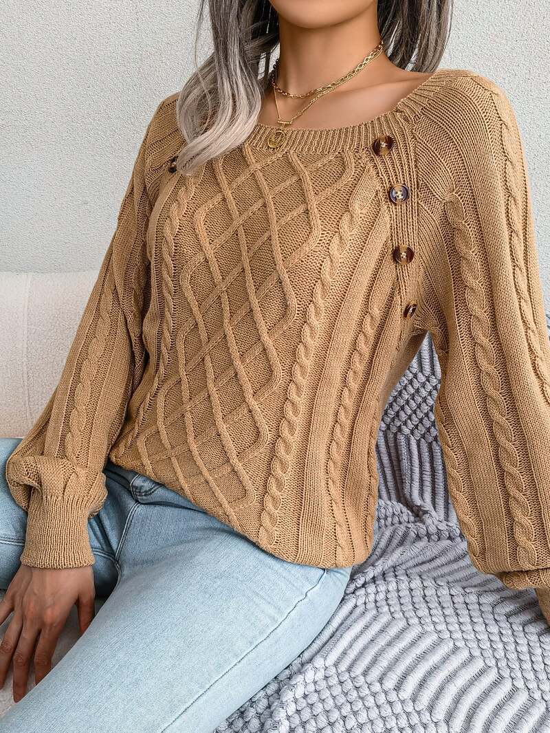 Women's Cable Knit Sweater with Square Neck and Button Detail, Elegant Textured Knit for Casual and Office Wear 4