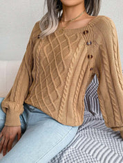 Women's Cable Knit Sweater with Square Neck and Button Detail, Elegant Textured Knit for Casual and Office Wear 4