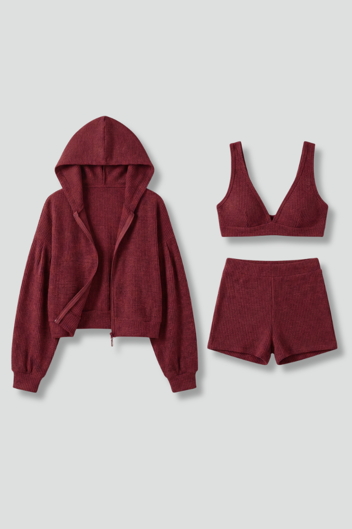 Women’s Casual Three Piece Set with Hooded Jacket, Ribbed Bralette, and High Waist Shorts 1
