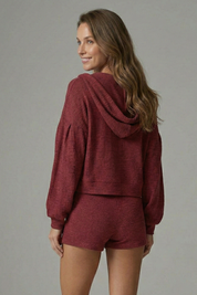 Women’s Casual Three Piece Set with Hooded Jacket, Ribbed Bralette, and High Waist Shorts 4