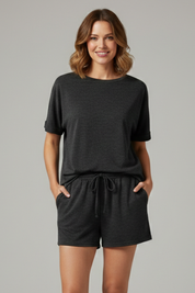 Women’s Casual Two-Piece Set with Batwing Sleeve Top and Drawstring Shorts 0