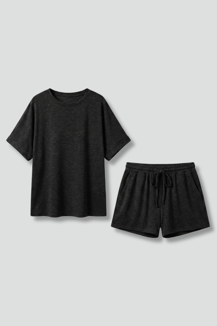 Women’s Casual Two-Piece Set with Batwing Sleeve Top and Drawstring Shorts 1