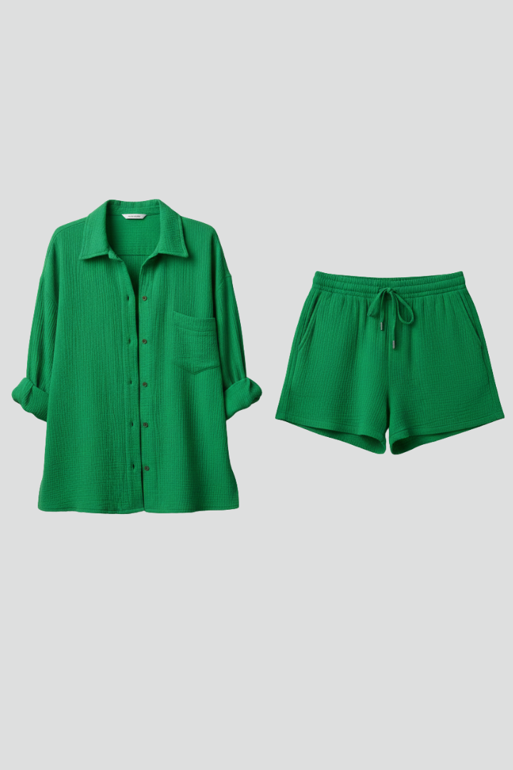 Women’s Casual Two-Piece Set with Button Shirt and Drawstring Shorts 1