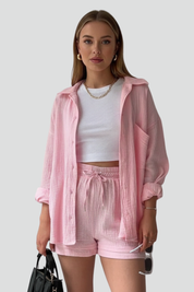 Women’s Casual Two-Piece Set with Button Shirt and Drawstring Shorts 12
