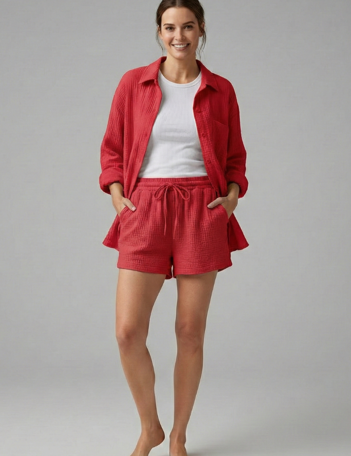 Women’s Casual Two-Piece Set with Button Shirt and Drawstring Shorts 13