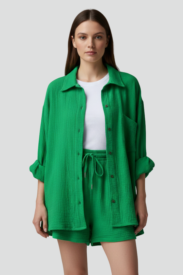 Women’s Casual Two-Piece Set with Button Shirt and Drawstring Shorts 2