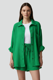 Women’s Casual Two-Piece Set with Button Shirt and Drawstring Shorts 2