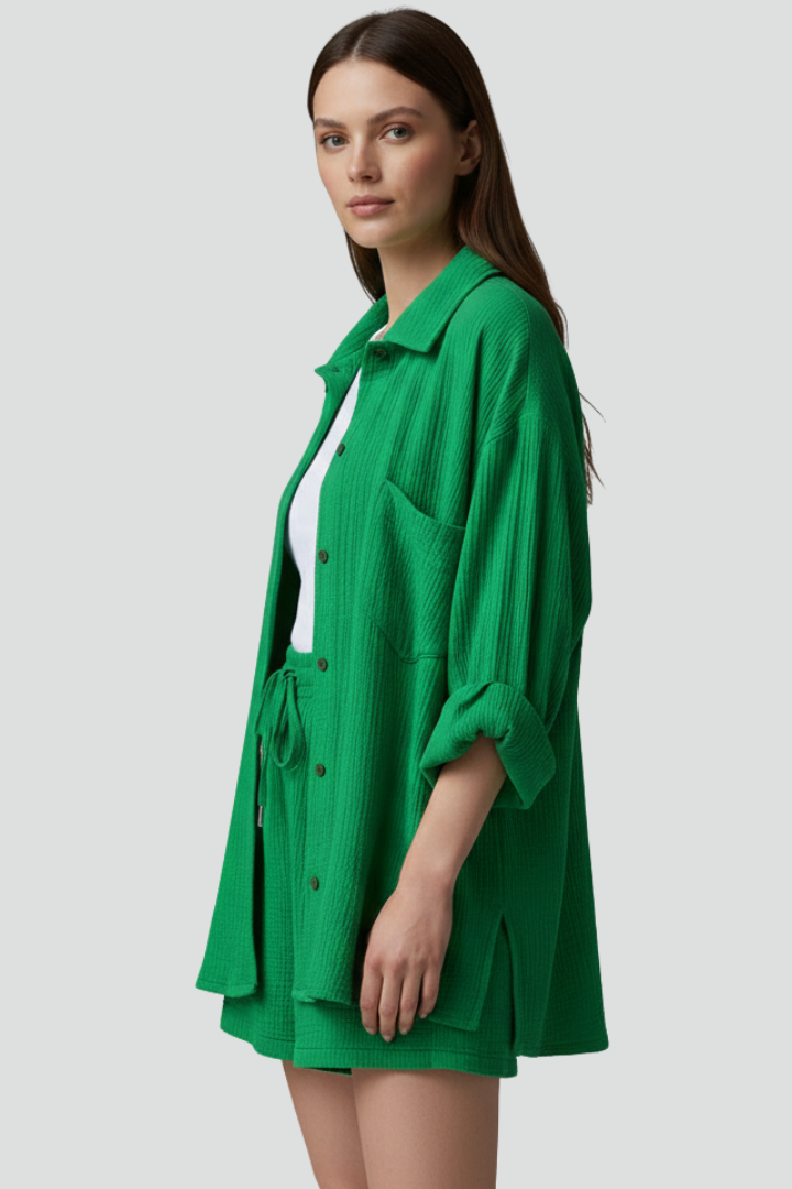 Women’s Casual Two-Piece Set with Button Shirt and Drawstring Shorts 4