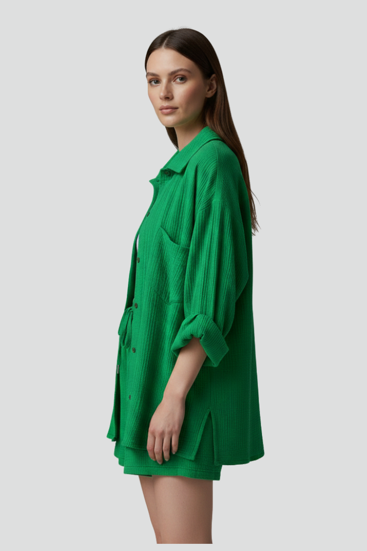 Women’s Casual Two-Piece Set with Button Shirt and Drawstring Shorts 5