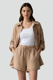 Women’s Casual Two-Piece Set with Button Shirt and Drawstring Shorts 6