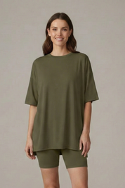 Women’s Casual Two-Piece Set with Crew Neck Top and Loose Shorts for Summer 12