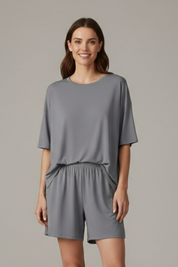 Women’s Casual Two-Piece Set with Crew Neck Top and Loose Shorts for Summer 2