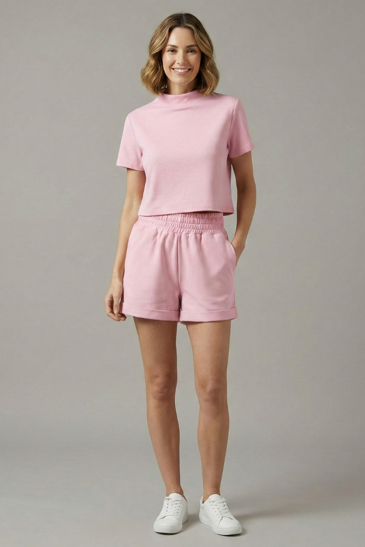 Women’s Casual Two-Piece Set with Crop Top and Elastic Waist Shorts 7