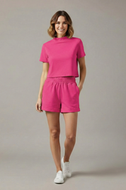 Women’s Casual Two-Piece Set with Crop Top and Elastic Waist Shorts 8
