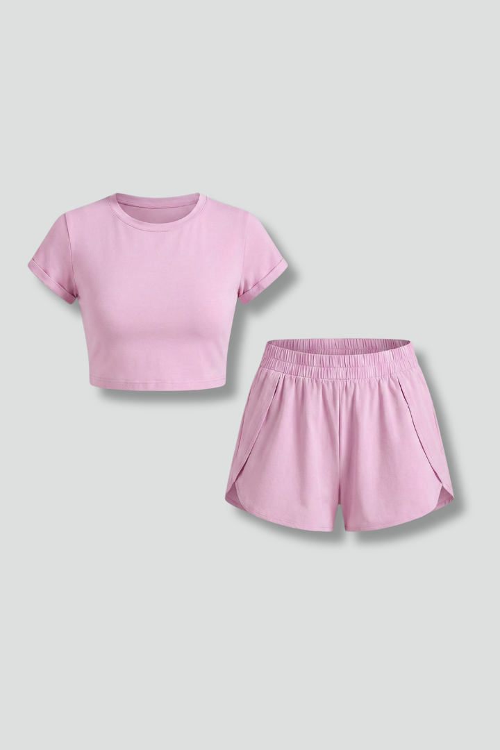Women’s Casual Two-Piece Set with Cropped T-Shirt and Elastic Waist Shorts 1