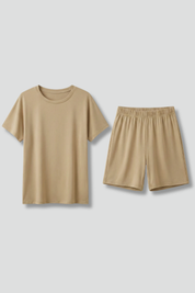 Women’s Casual Two-Piece Set with Round Neck Top and Elastic Waist Shorts 1