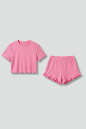 Women’s Casual Two-Piece Top and Shorts Set with Ruffle Hem and Round Neck 1