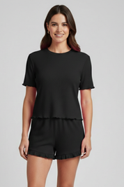 Women’s Casual Two-Piece Top and Shorts Set with Ruffle Hem and Round Neck 5