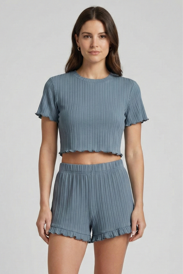 Women’s Casual Two-Piece Top and Shorts Set with Ruffle Hem and Round Neck 7